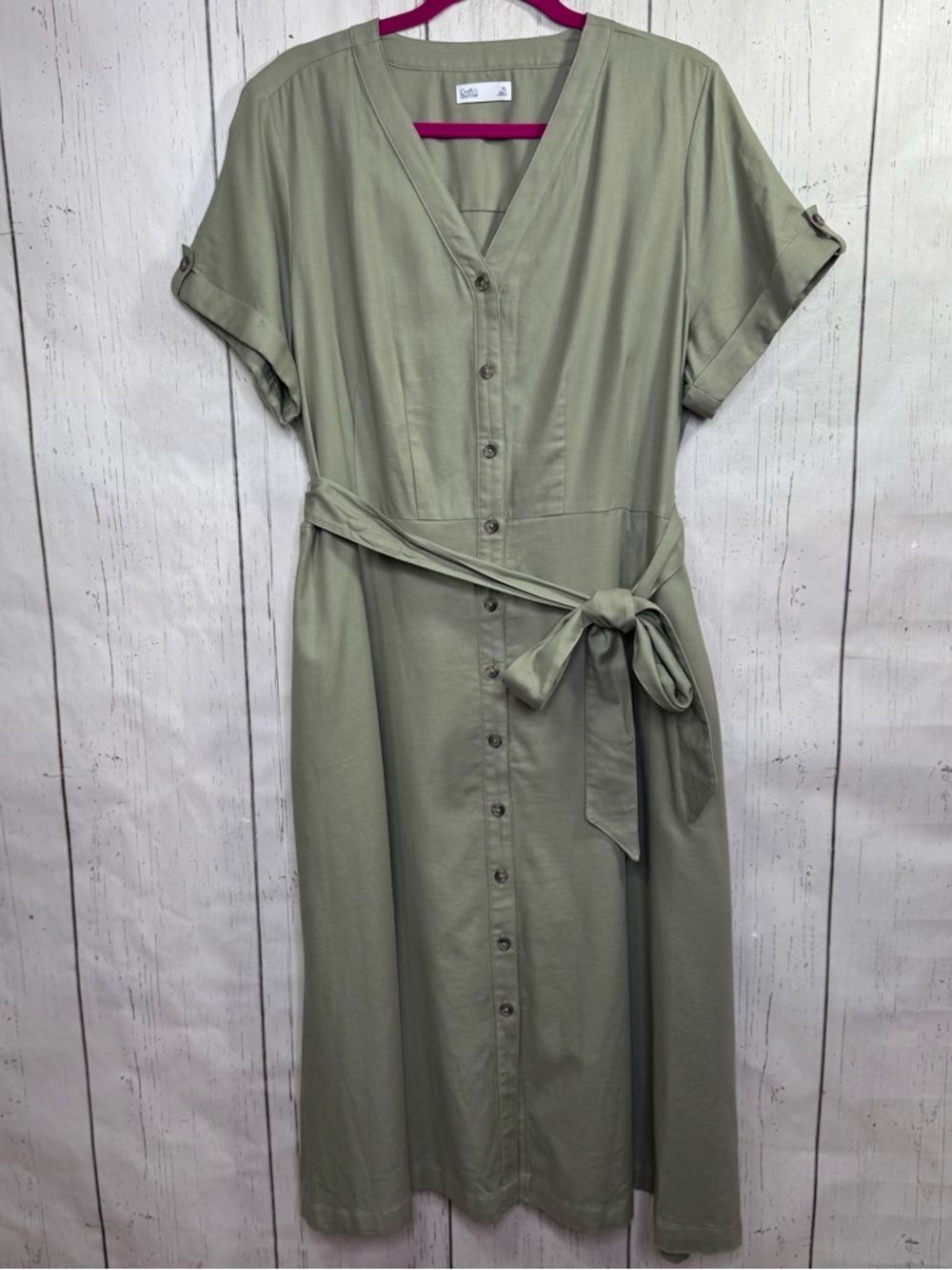 Croft & Barrow Sage Green Button Front Midi Dress Tie Waist XL Minimal Neutral